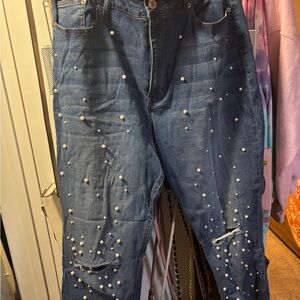 Forever 21 Dark Blue Boyfriend Jeans with Pearl Accents